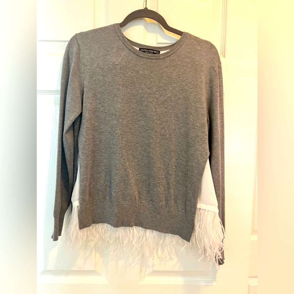 Central Park West Long Sleeve Grey Top with Faux Feathers Accent Size Small